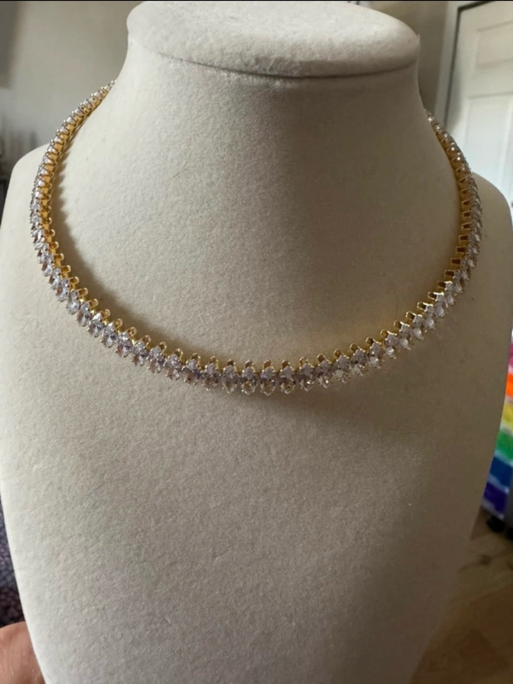 Gold and Clear Crystal Tennis Choker Necklace - Women Jewelry